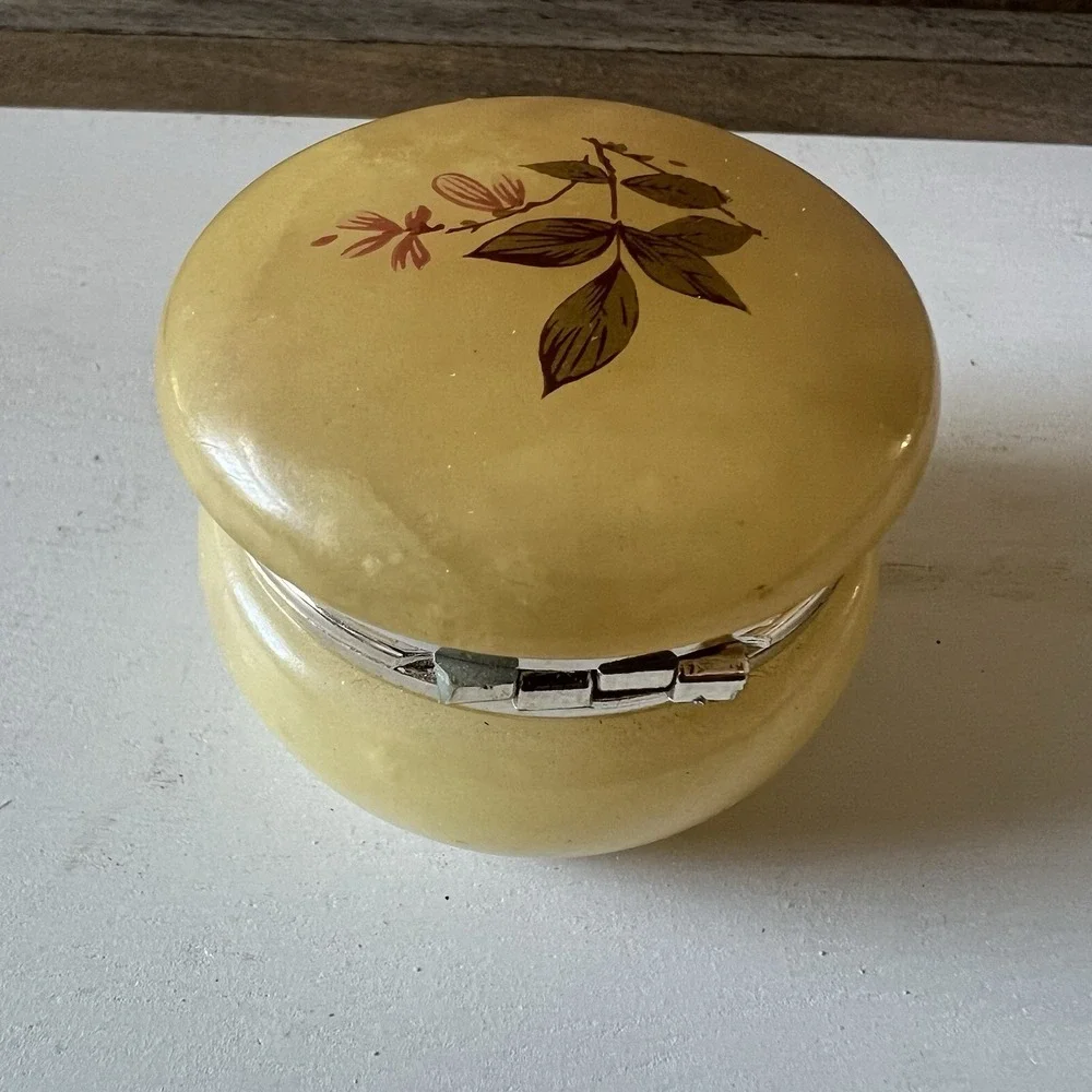 Vintage Yellow Alabaster Trinket‎ Box With Floral Pattern On Top 2 In W X 1.75 H